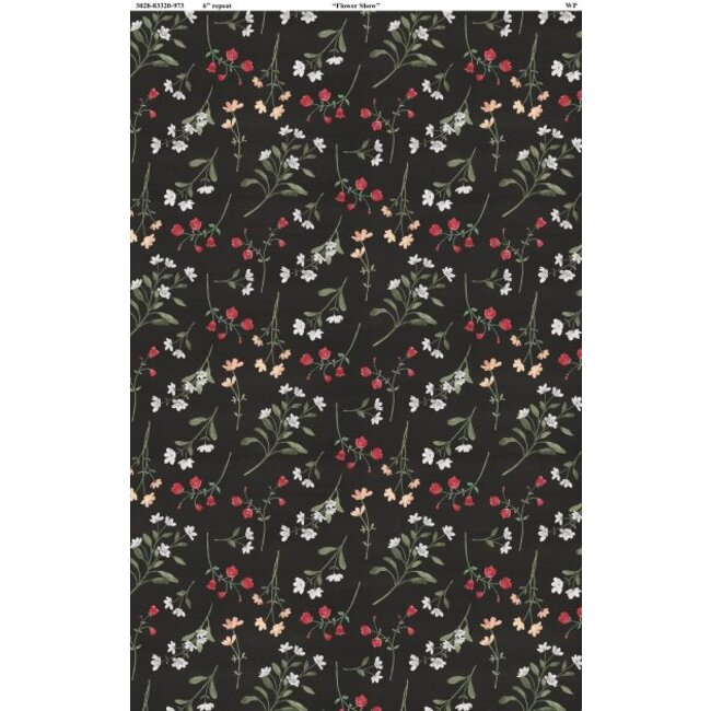 Peach Whispers, Small Flower Toss Black, 0.24/cm or $24/m