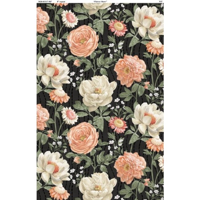 Peach Whispers, Packed Flowers on Black, 0.24/cm or $24/m