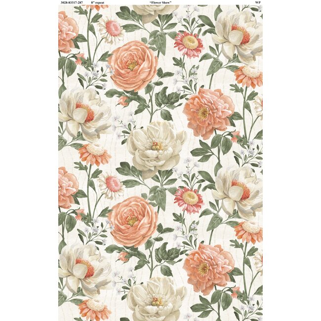 Peach Whispers, Packed Flowers on Cream, 0.24/cm or $24/m