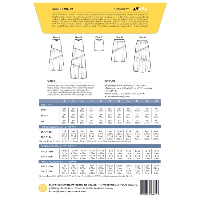 Azure Dress, Skirt and Top Pattern 0-20