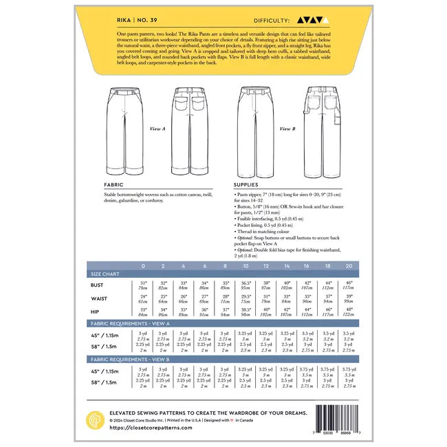 Rika Pants Pattern 0-20