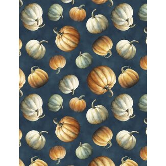 Wilmington Prints Glorious Fall, Tossed Pumpkins, Dark Blue, $0.24/cm or $24/m
