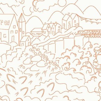 Andover Sun Print Luminance, Village, Carrot, $0.20/cm or $20/m