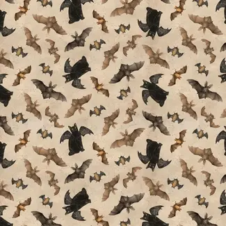 Clothworks Gothic Halloween Digital Bats & Cats Y4441-12 Khaki $0.23 per cm or $23/m