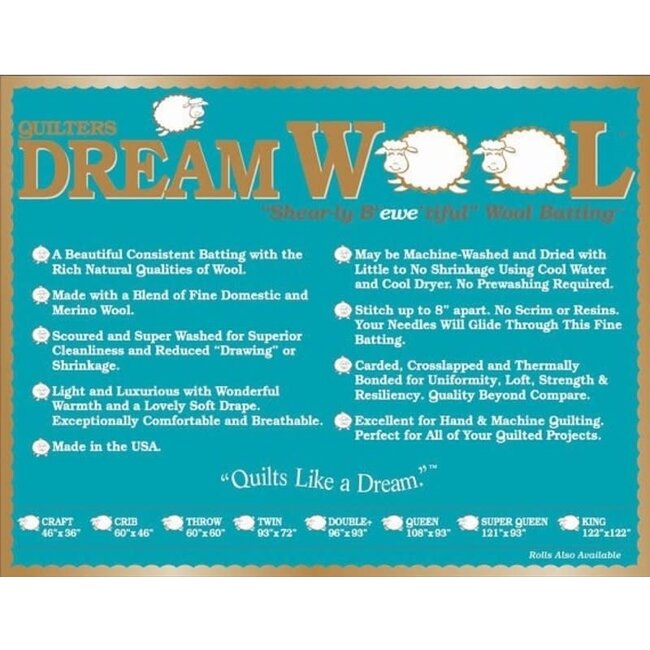 160cm Roll DREAM WOOL BATTING 120” .38/CM OR $38.00/M