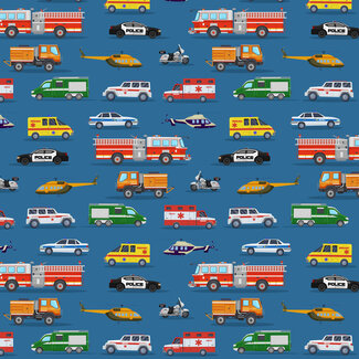Clothworks Let's Go! Digital Rescue Vehicles, Blue, $0.22/cm or $22/m