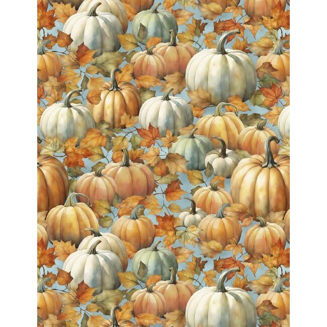 Glorious Fall, Packed Pumpkins, Blue, $0.24/cm or $24/m