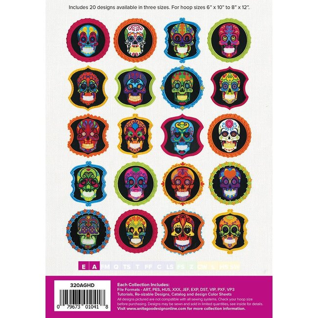 Sugar Skulls Collection Hoop sizes 6” x 10” to 8” x 12”