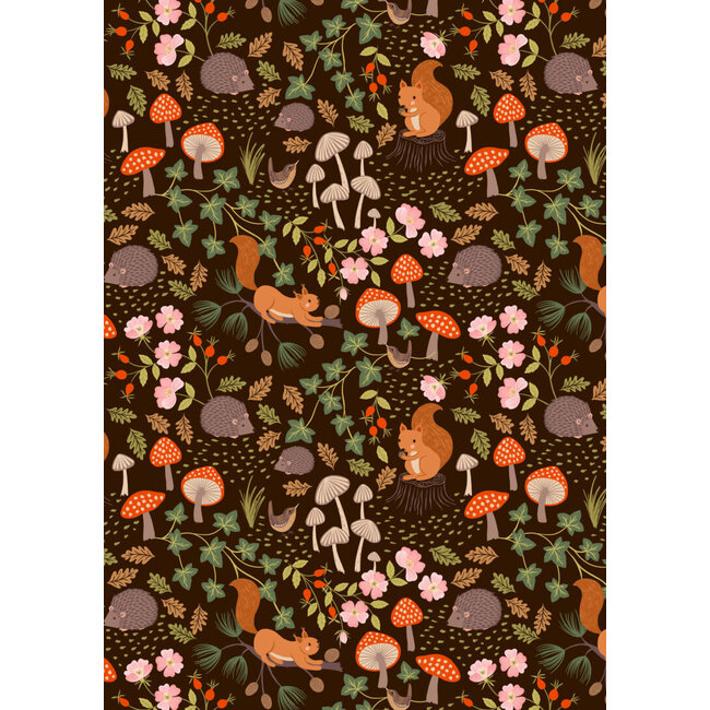 Snuggle Up Season, Flannel, Squirrels & Hedgehogs on Dark Brown, $0.24/cm or $24/m