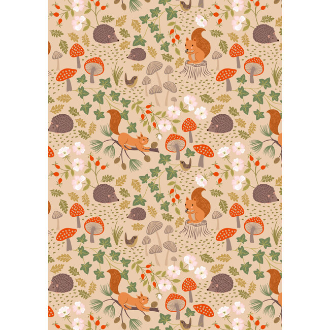 Snuggle Up Season, Flannel, Squirrels & Hedgehogs on Light Oak, $0.24/cm or $24/m