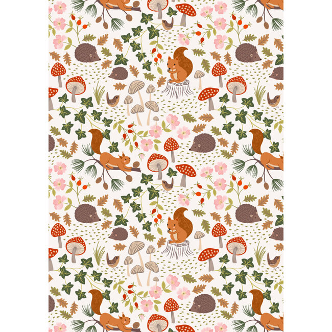 Snuggle Up Season, Flannel, Squirrels & Hedgehogs on Cream, $0.24/cm or $24/m