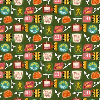 PBS Fabrics City Life, Street Life Icons, Green, $0.21/cm or $21/m