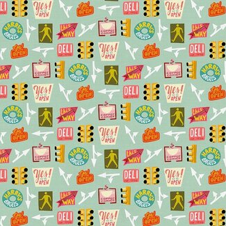 PBS Fabrics City Life, Street Life Icons, Blue, $0.21/cm or $21/m