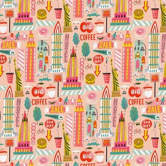 PBS Fabrics City Life, Buzzing Streets, Pink, $0.21/cm or $21/m