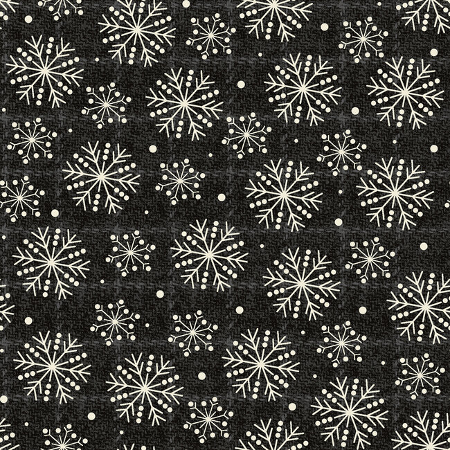 Holly Jolly Flannel, Snowflakes,  Black, $0.22/cm or $22/m