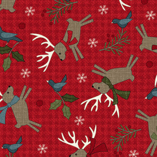 Maywood Holly Jolly Flannel, Deer, Red, $0.22/cm or $22/m