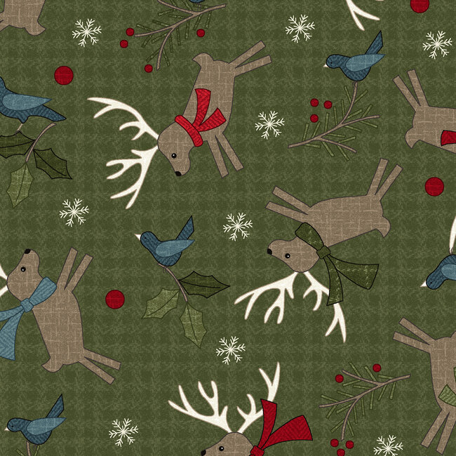 Holly Jolly Flannel, Deer, Green, $0.22/cm or $22/m
