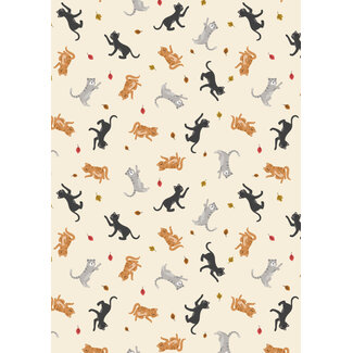 Lewis & Irene Small Things, Snuggle Season, Cats and falling leaves on cream, $0.22/cm or $22/m