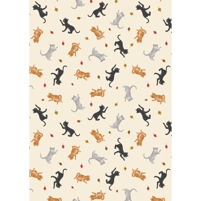 Small Things, Snuggle Season, Cats and falling leaves on cream, $0.22/cm or $22/m