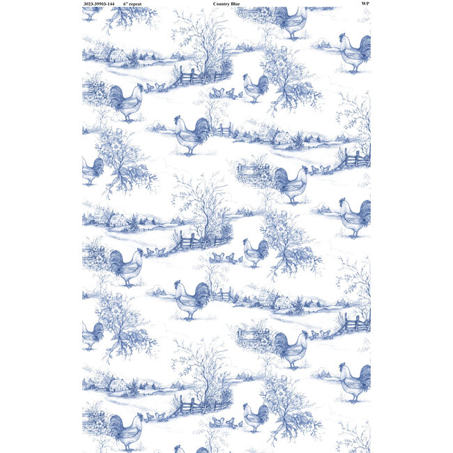 Country Blue, Rooster Toile, White and Dark Blue, $0.25/cm or $25/m