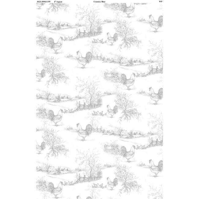 Country Blue, Rooster Toile, White and Grey, $0.25/cm or $25/m