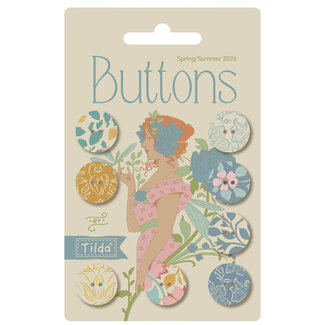 Tilda Songbird Buttons, 16mm, 8 pcs, Blue/Yellow