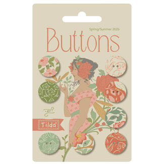 Tilda Songbird Buttons, 16mm, 8 pcs, Coral/Green