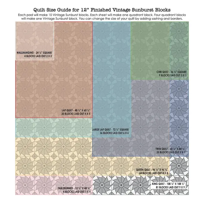 Vintage Sunburst Quilt Block Foundation Paper Piecing Pad, 42 sheets, 12in blocks