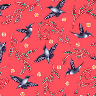 Windham Fabrics 1m Hummingbirds Allover by Betty Albert, Coral, $0.20 per cm or $20/m