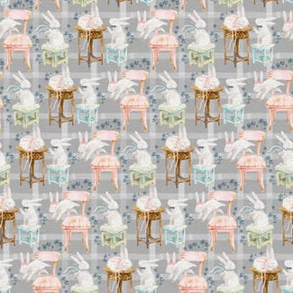 PBS Fabrics 165 cm  Goose Tales, Gingham Bunnies,  $21/m