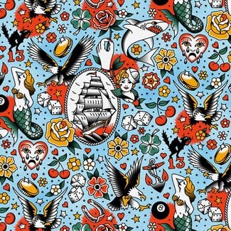 PBS Fabrics Timeless Tattoos, Rayon, Timeless Tattoos, Blue, 390-25888 $0.26/cm or $26/m