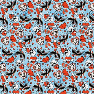 PBS Fabrics Timeless Tattoos, Rayon, Heart Swallow Tattoos, Blue, 390-25900 $0.26/cm or $26/m