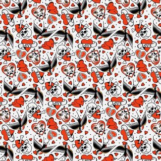 PBS Fabrics Timeless Tattoos, Rayon, Heart Swallow Tattoos, White, 390-25899 $0.26/cm or $26/m