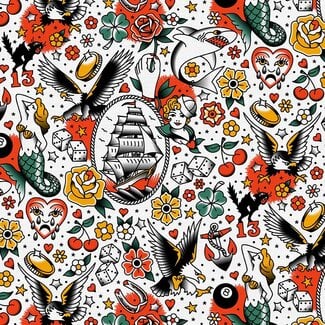PBS Fabrics Timeless Tattoos, Rayon, Timeless Tattoos, White, 390-25887 $0.26/cm or $26/m