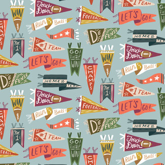 Cloud9 Fabrics Organic Cotton Touchdowns and Tailwags, 229552, Vintage Victory, Blue/Multi, $0.26/cm or $26/m