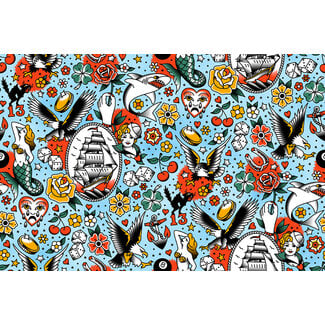 PBS Fabrics Timeless Tattoos, Timeless Tattoos, Blue, 120-25888 $0.22/cm or $22/m