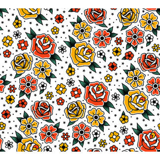 PBS Fabrics Timeless Tattoos, Flower Tattoos, White, 120-25905 $0.22/cm or $22/m