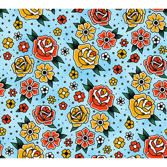 PBS Fabrics Timeless Tattoos, Flower Tattoos, Blue, 120-25906 $0.22/cm or $22/m