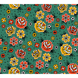 PBS Fabrics Timeless Tattoos, Flower Tattoos, Green, 120-25907 $0.22/cm or $22/m