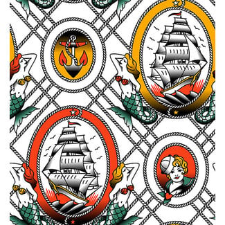PBS Fabrics Timeless Tattoos, Sailor Tattoos, White, 120-25891 $0.22/cm or $22/m