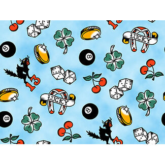PBS Fabrics Timeless Tattoos, Lucky Tattoo Toss, Blue, 120-25894 $0.22/cm or $22/m