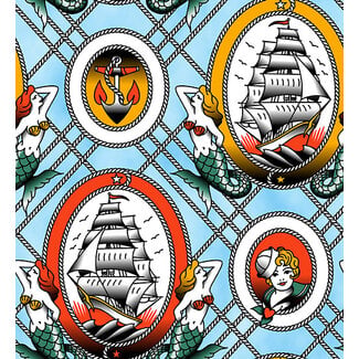 PBS Fabrics Timeless Tattoos, Sailor Tattoos, Blue, 120-25892 $0.22/cm or $22/m