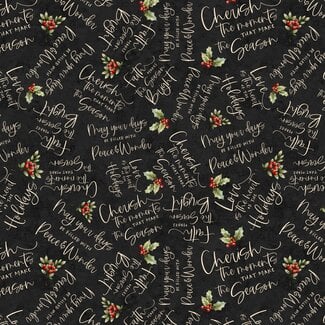 White Owl Textiles Poinsettia Radiance, W110-010-706, Word Toss, Black, $0.24/cm or $24/m