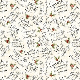 White Owl Textiles Poinsettia Radiance, W110-010-076, Word Toss, Cream, $0.24/cm or $24/m