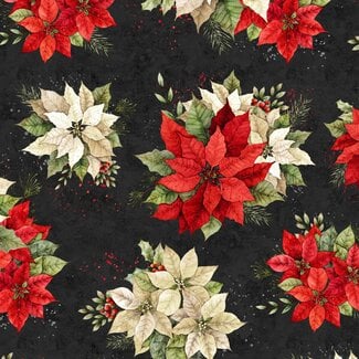 White Owl Textiles Poinsettia Radiance, W110-007-730, Poinsettia Bouquets, Black, $0.24/cm or $24/m