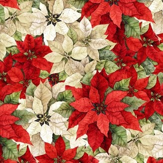 White Owl Textiles Poinsettia Radiance, W110-006-306, Packed Poinsettia, Cream/Red, $0.24/cm or $24/m