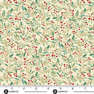 Makower UK Adorn, MU-214-Q, Holly, Cream, $0.23/cm or $23/m
