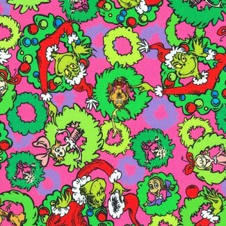 Robert Kaufman How the Grinch Stole Christmas, 22566-351, Wreaths, Candy Pink, $0.24/cm or $24/m