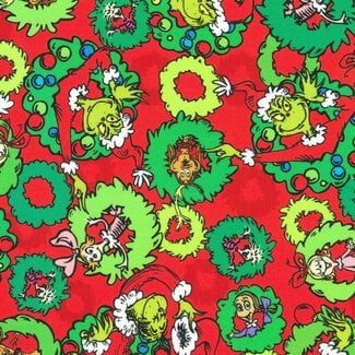 Robert Kaufman How the Grinch Stole Christmas, 22566-223, Wreaths, Red, $0.24/cm or $24/m