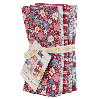Tilda Village Life, Fat Quarter Bundle, 5 fabrics, Burgundy